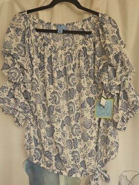 CeCe White and Blue Floral Off-Shoulder Ruffle Tie-Hem Blouse